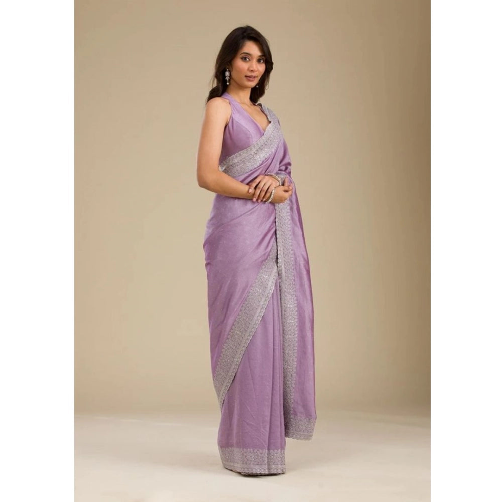Generic Women's Silk Embroidred Saree With Unstitched Blouse 5.5Mtr (Purple) Secondary image
