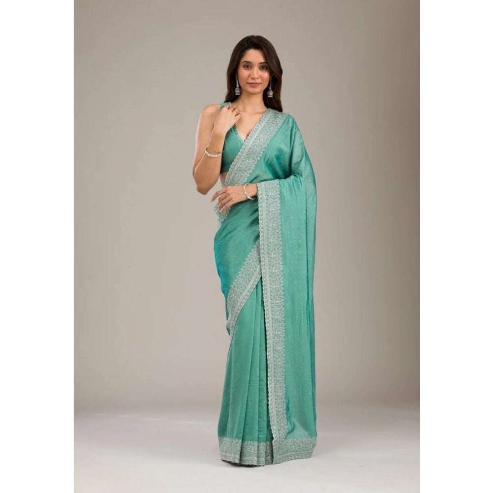 Generic Women's Silk Embroidred Saree With Unstitched Blouse 5.5Mtr (Light Green) Main image