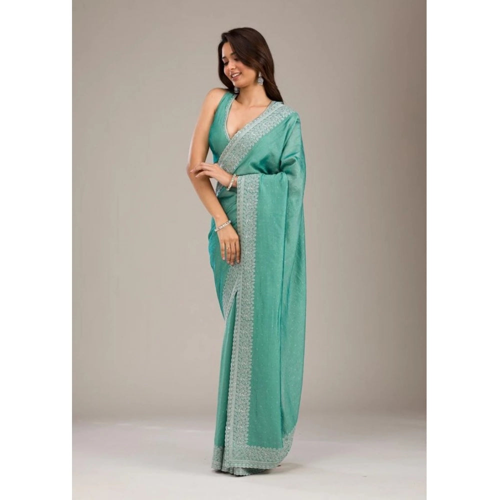 Generic Women's Silk Embroidred Saree With Unstitched Blouse 5.5Mtr (Light Green) Secondary image