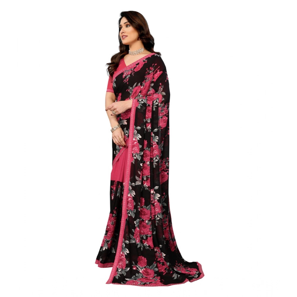Generic Women's Georgette Printed Saree With Unstitched Blouse 5.5Mtr (Pink) Secondary image