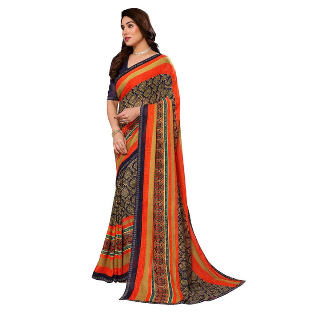 Generic Women's Georgette Printed Saree With Unstitched Blouse 5.5Mtr (Orange) Secondary image