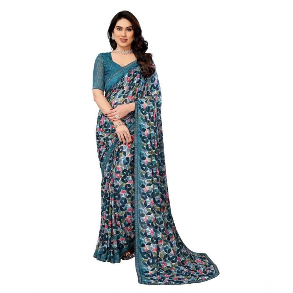 Generic Women's Georgette Printed Saree With Unstitched Blouse 5.5Mtr (Sky Blue) Main image