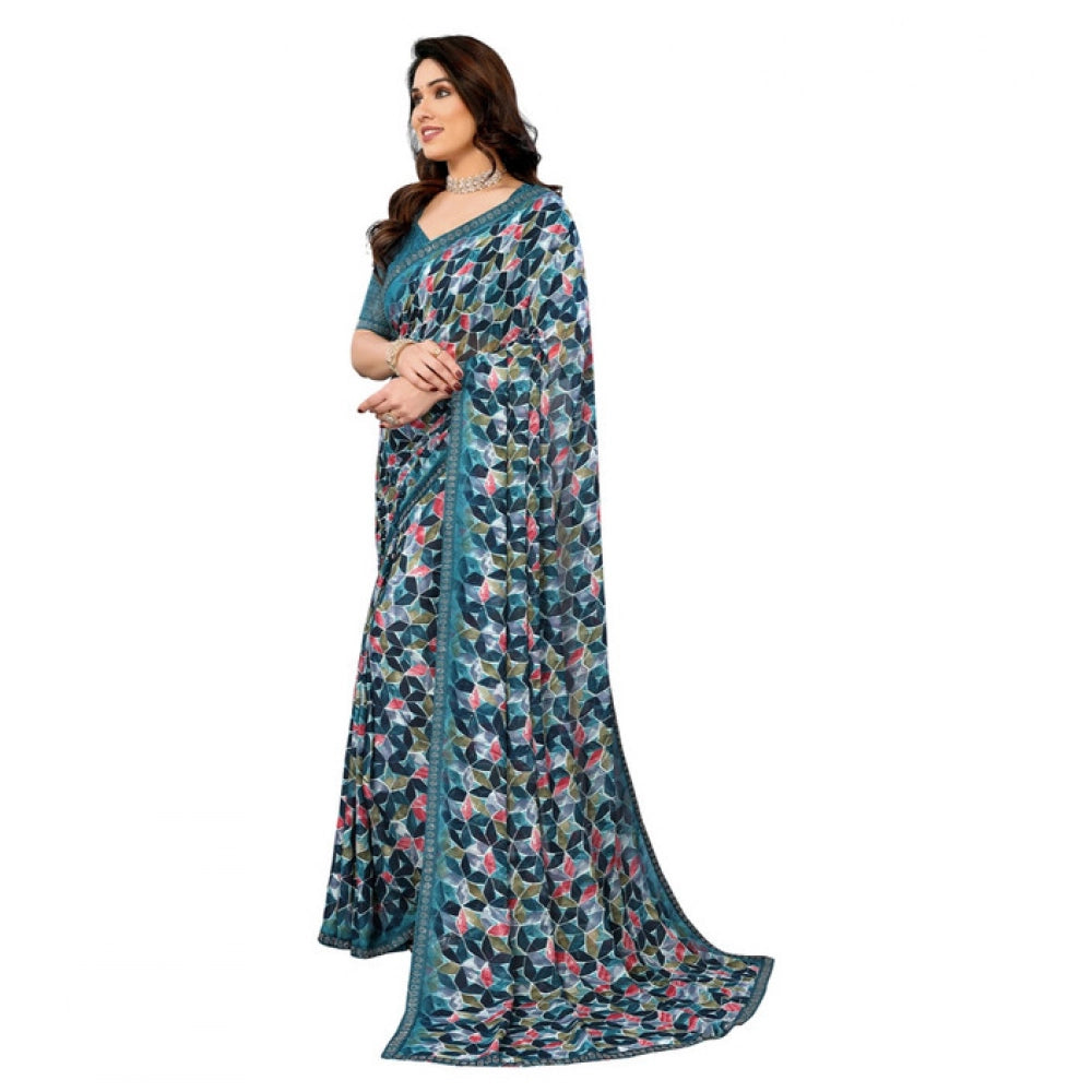 Generic Women's Georgette Printed Saree With Unstitched Blouse 5.5Mtr (Sky Blue) Secondary image
