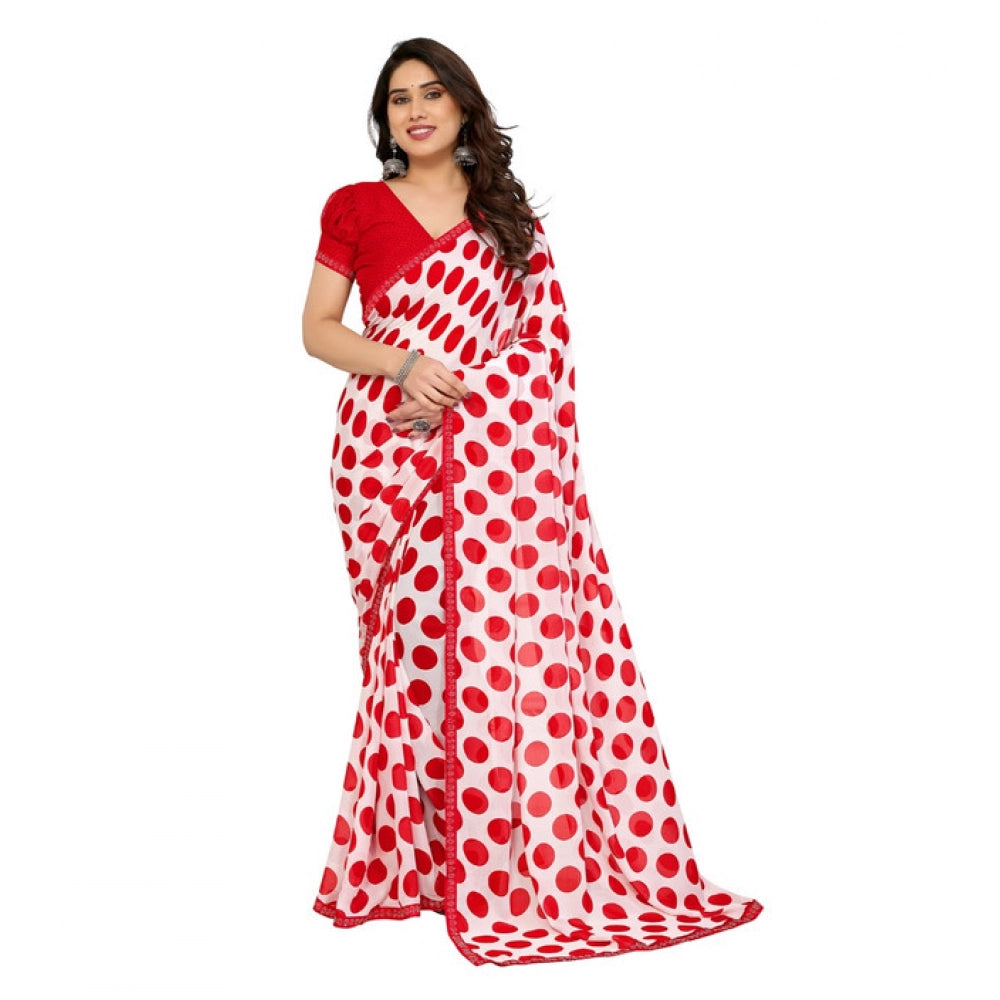Generic Women's Georgette Printed Saree With Unstitched Blouse 5.5Mtr (Red-White) Main image