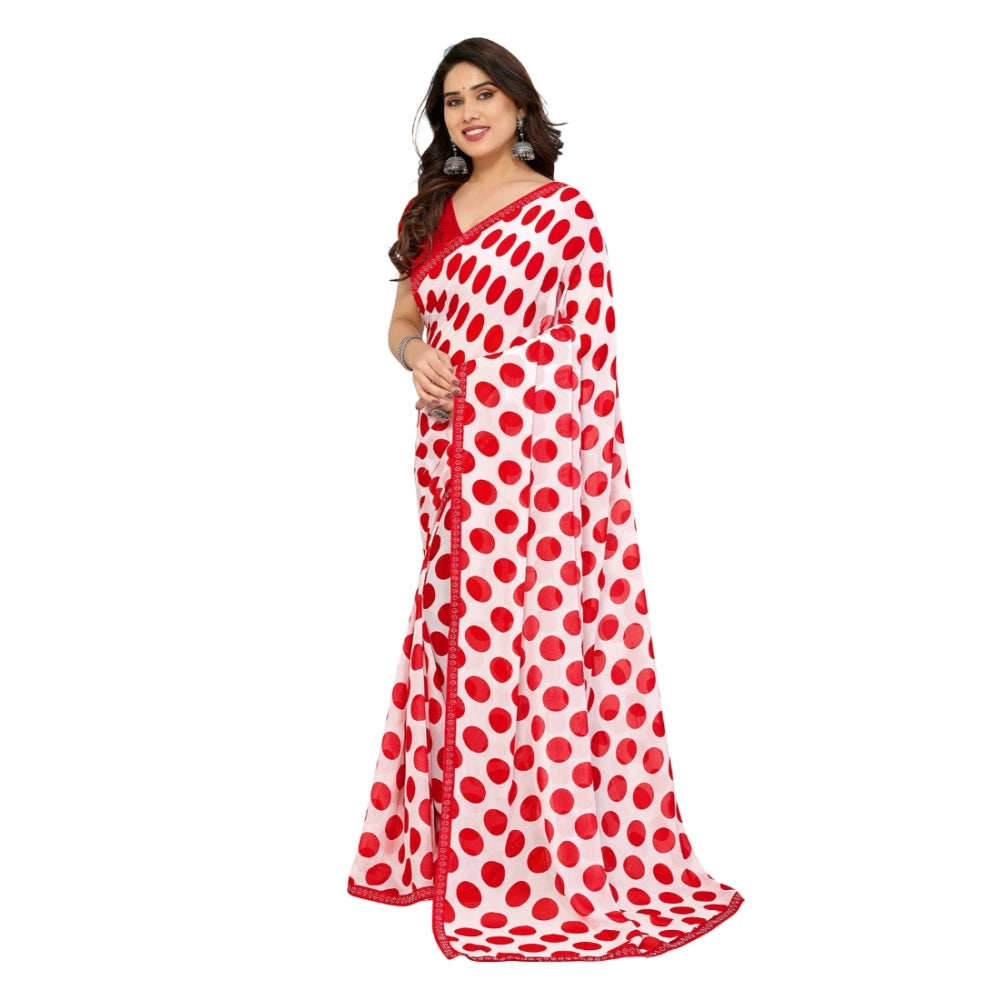 Generic Women's Georgette Printed Saree With Unstitched Blouse 5.5Mtr (Red-White) Secondary image