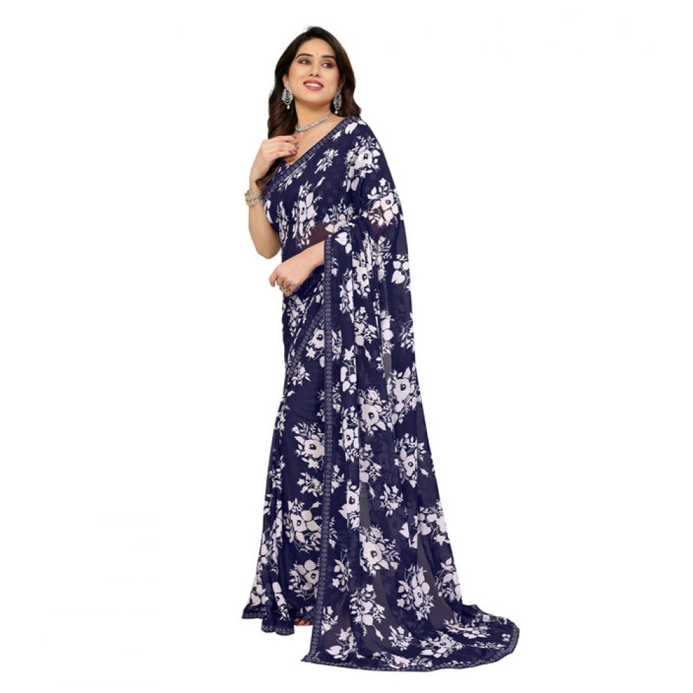 Generic Women's Georgette Printed Saree With Unstitched Blouse 5.5Mtr (Navy Blue) Secondary image