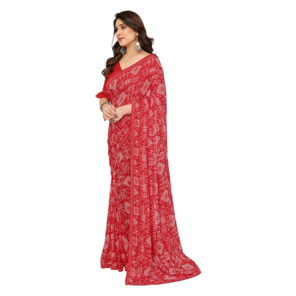 Generic Women's Georgette Printed Saree With Unstitched Blouse 5.5Mtr (Red) Secondary image