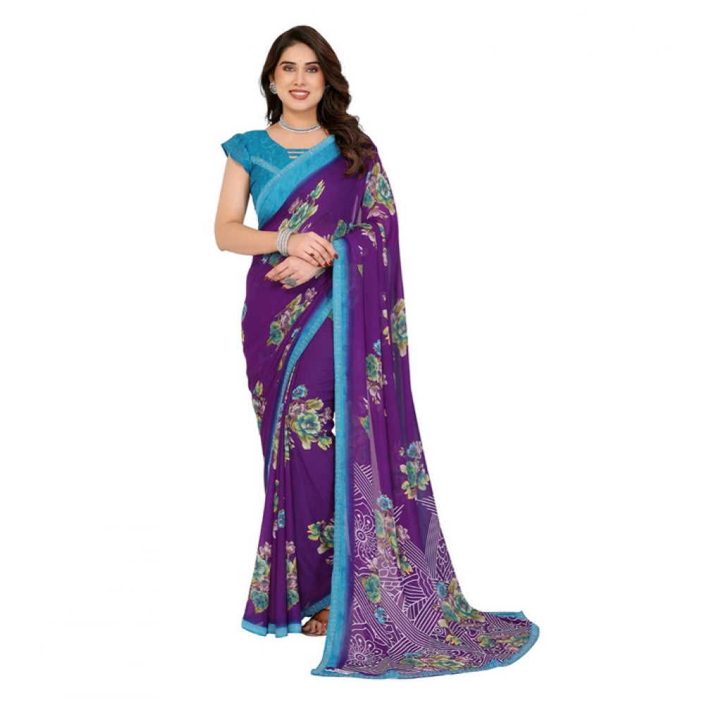 Generic Women's Georgette Printed Saree With Unstitched Blouse 5.5Mtr (Purple) Main image