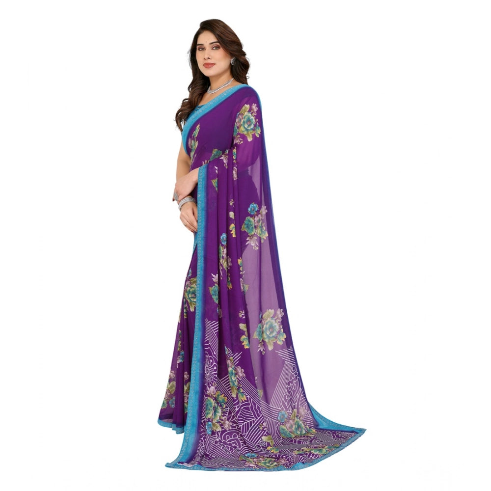 Generic Women's Georgette Printed Saree With Unstitched Blouse 5.5Mtr (Purple) Secondary image