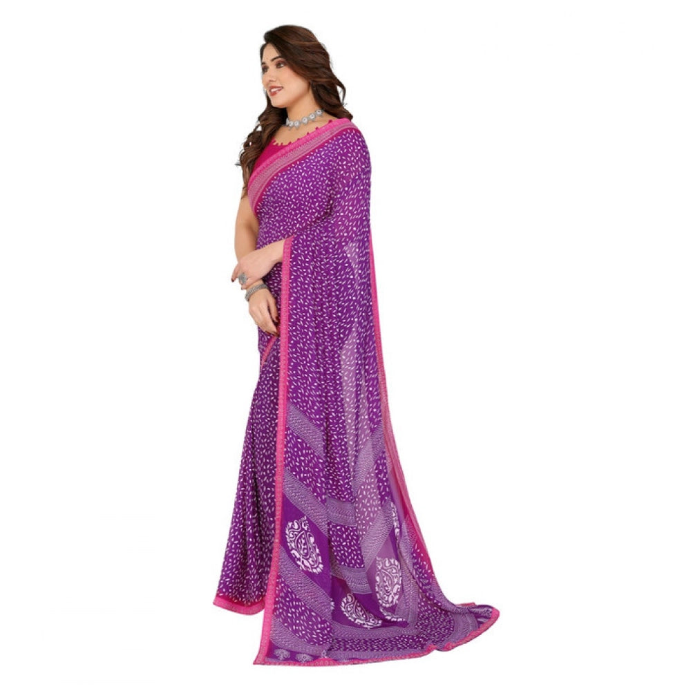 Generic Women's Georgette Printed Saree With Unstitched Blouse 5.5Mtr (Purple) Secondary image
