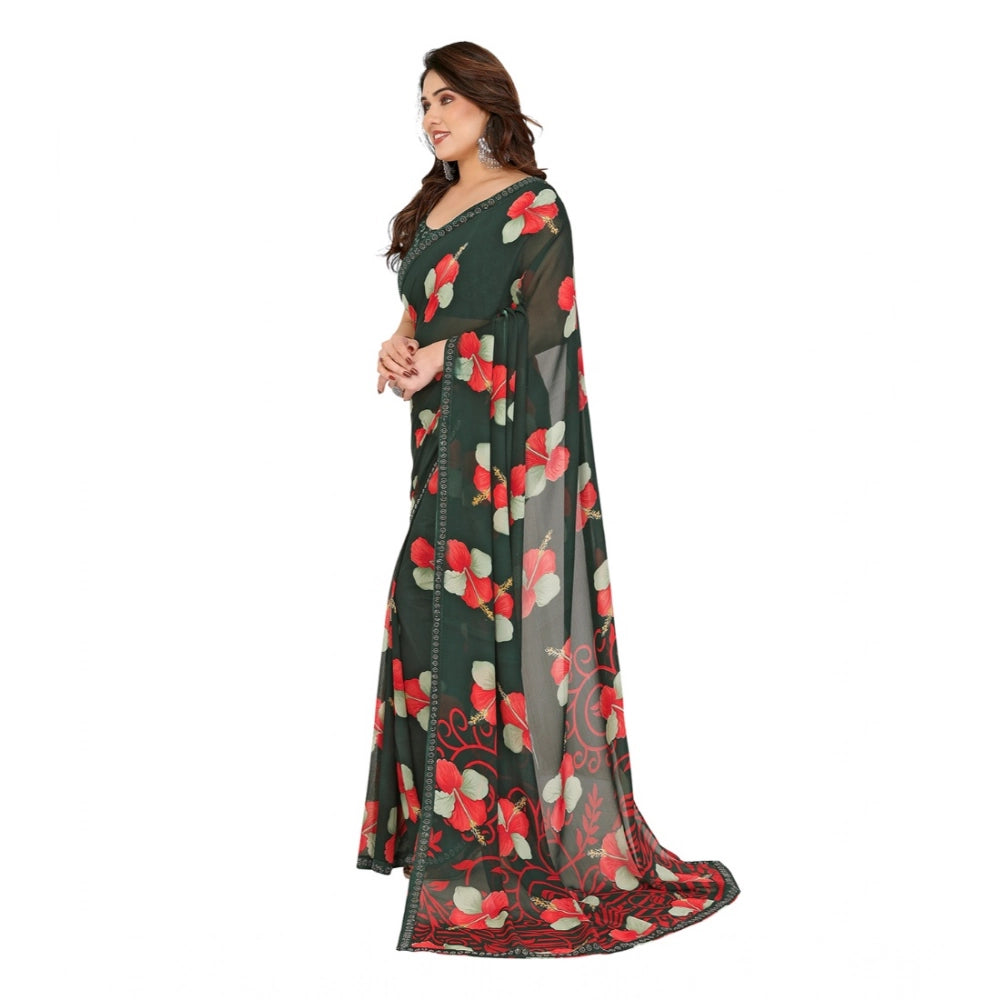 Generic Women's Georgette Printed Saree With Unstitched Blouse 5.5Mtr (Green)