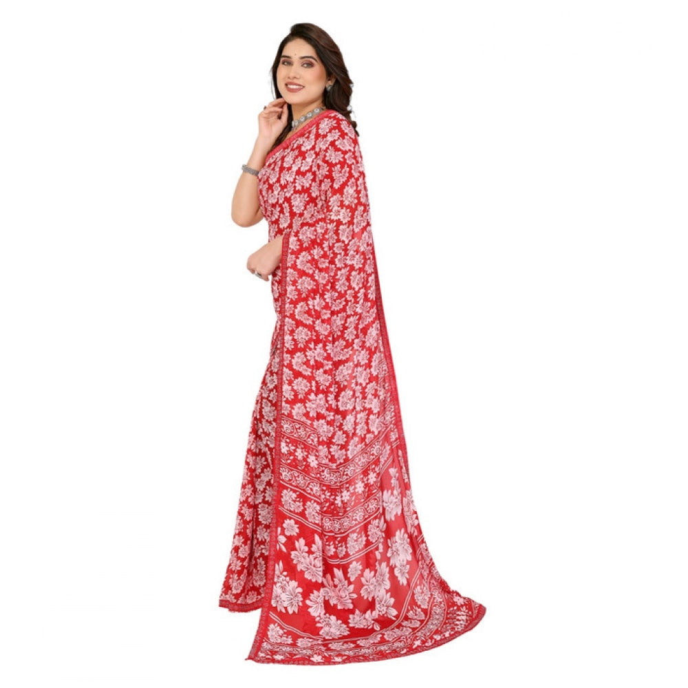 Generic Women's Georgette Printed Saree With Unstitched Blouse 5.5Mtr (Red) Secondary image