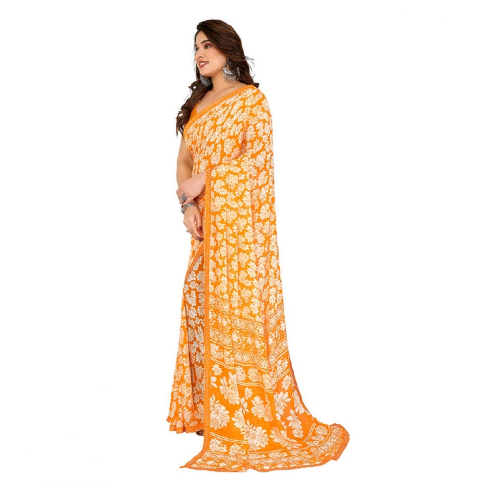 Generic Women's Georgette Printed Saree With Unstitched Blouse 5.5Mtr (Yellow) Secondary image