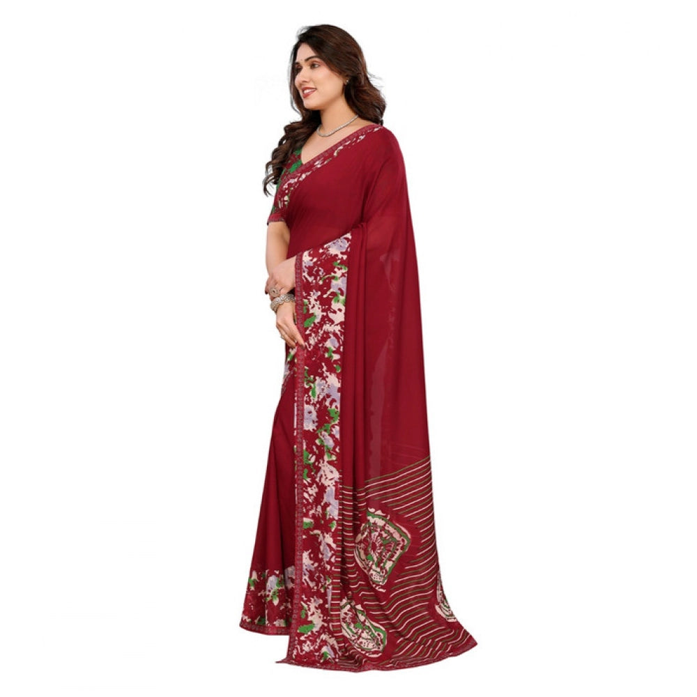 Generic Women's Georgette Printed Saree With Unstitched Blouse 5.5Mtr (Red) Secondary image