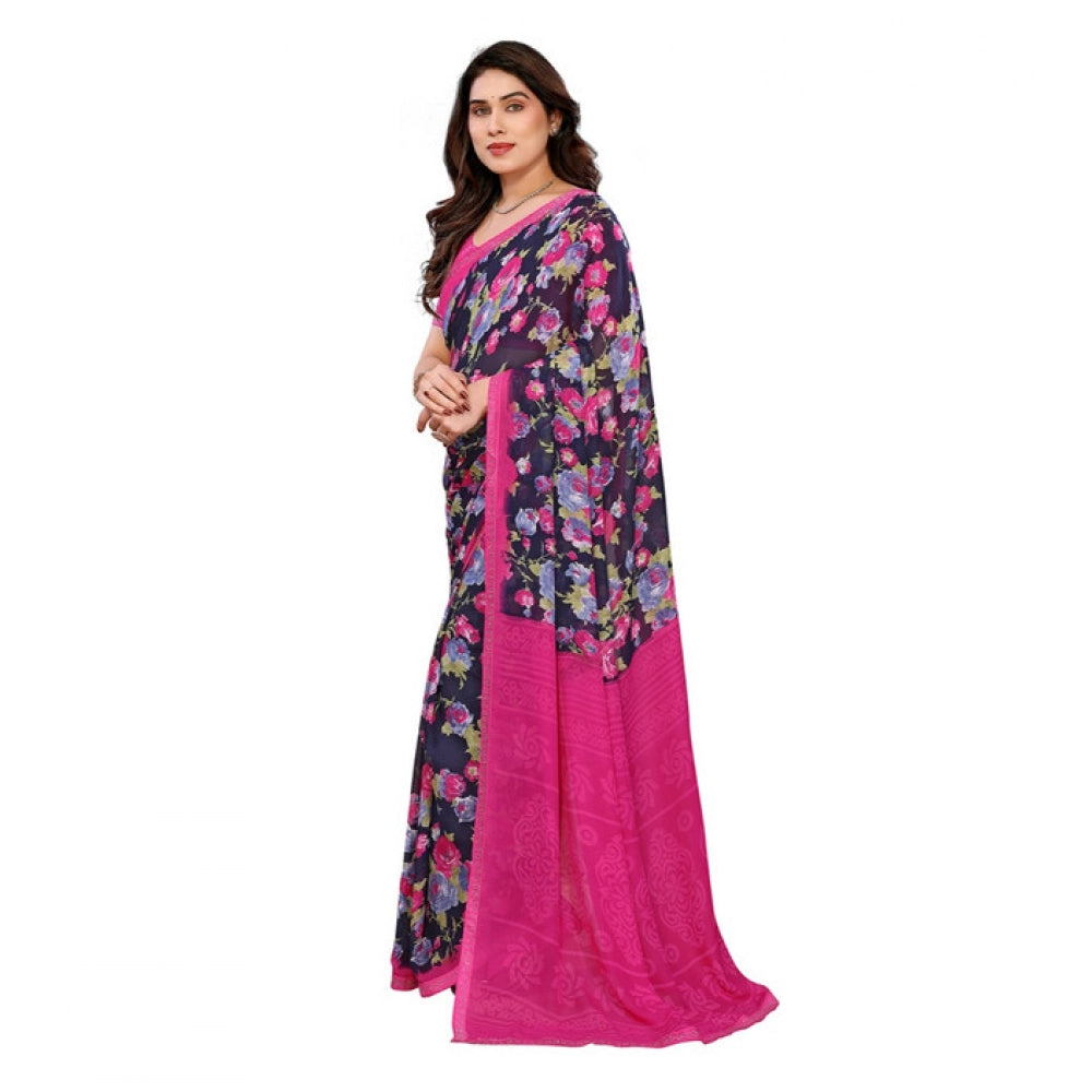 Generic Women's Georgette Printed Saree With Unstitched Blouse 5.5Mtr (Blue)