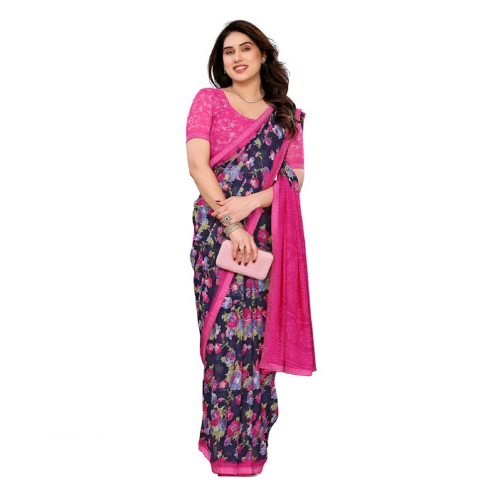 Generic Women's Georgette Printed Saree With Unstitched Blouse 5.5Mtr (Blue)