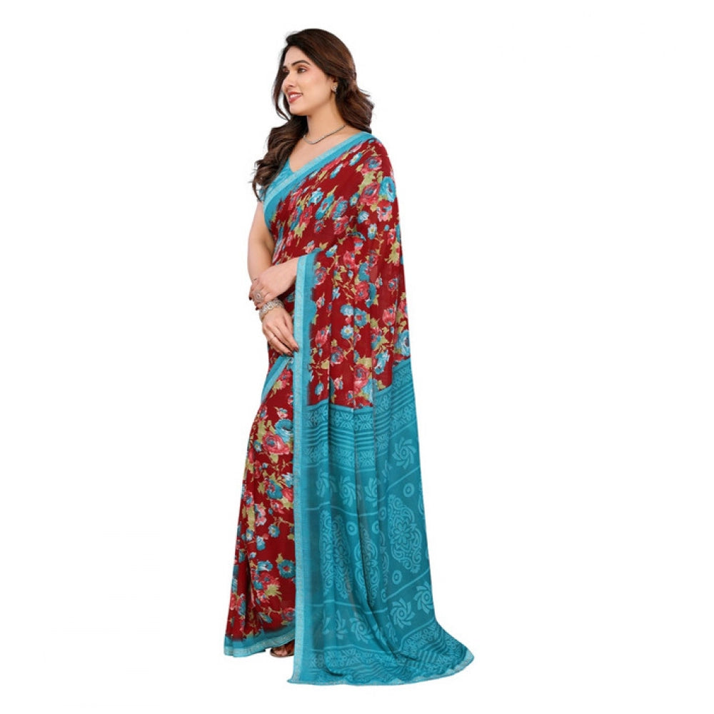 Generic Women's Georgette Printed Saree With Unstitched Blouse 5.5Mtr (Maroon) Secondary image