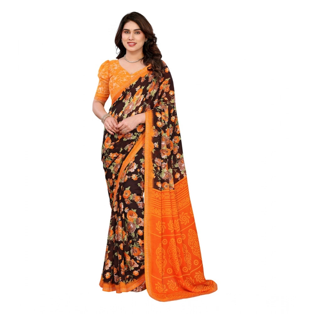 Generic Women's Georgette Printed Saree With Unstitched Blouse 5.5Mtr (Mustard) Main image
