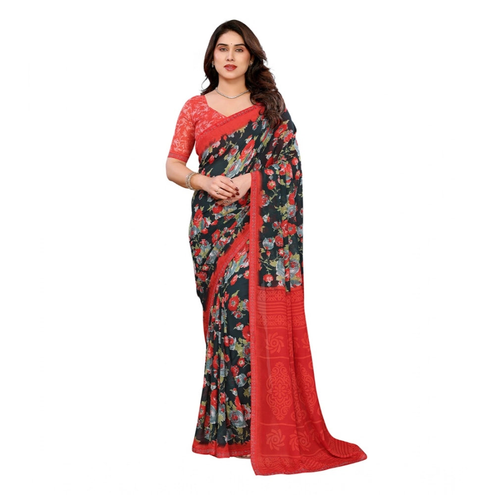 Generic Women's Georgette Printed Saree With Unstitched Blouse 5.5Mtr (Green)