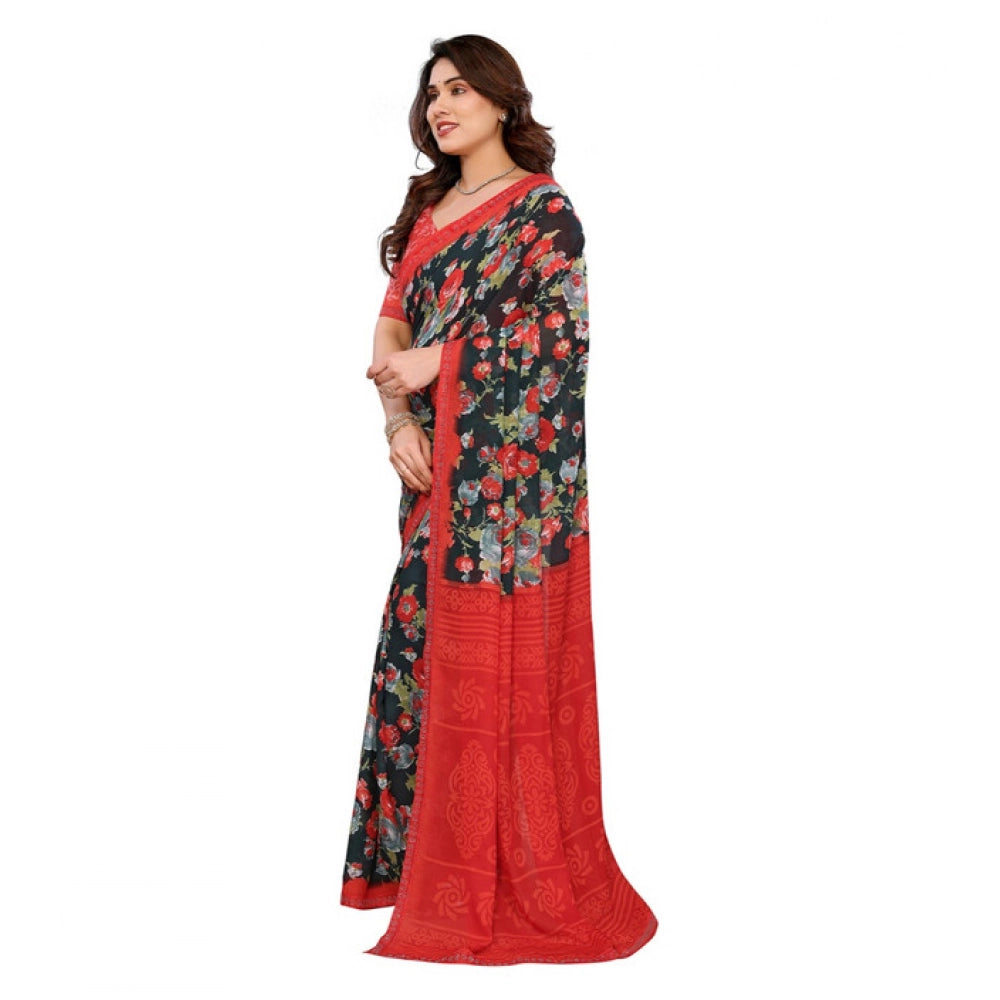 Generic Women's Georgette Printed Saree With Unstitched Blouse 5.5Mtr (Green)