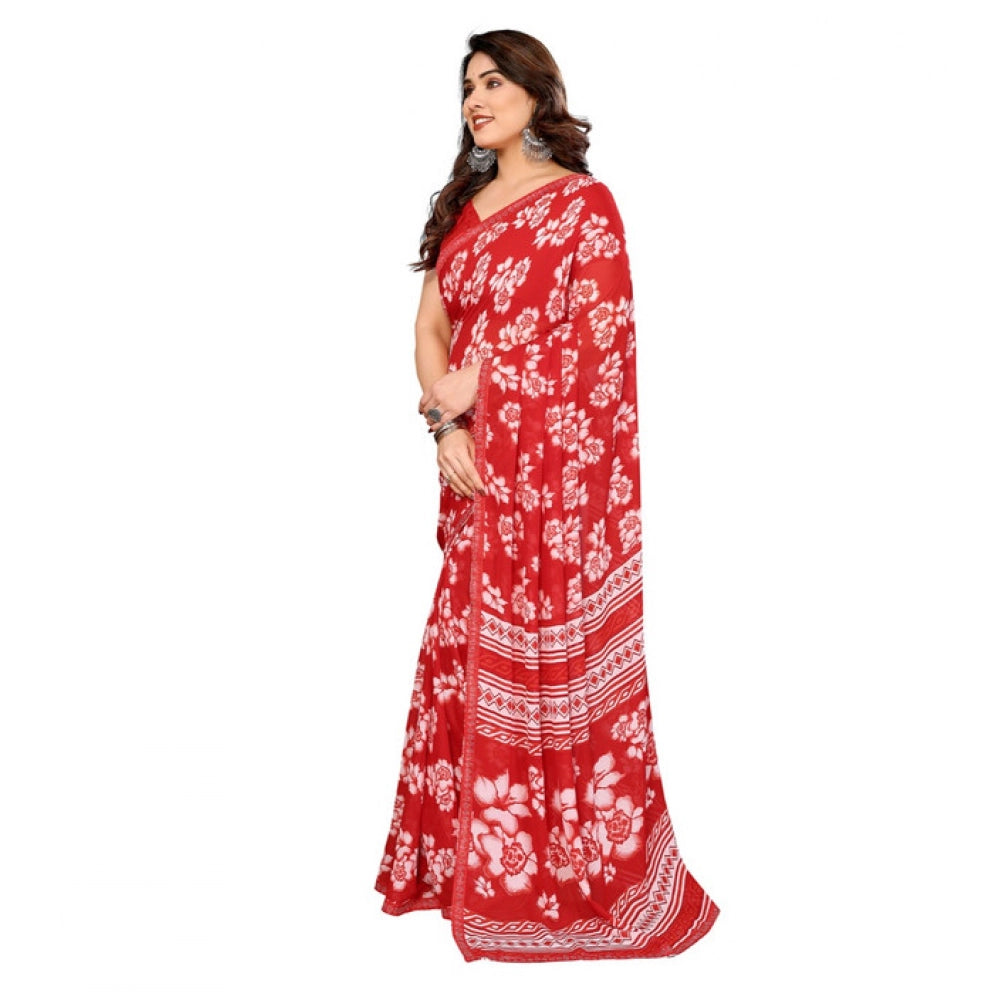 Generic Women's Georgette Printed Saree With Unstitched Blouse 5.5Mtr (Red) Secondary image