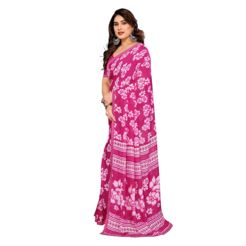 Generic Women's Georgette Printed Saree With Unstitched Blouse 5.5Mtr (Pink) Secondary image