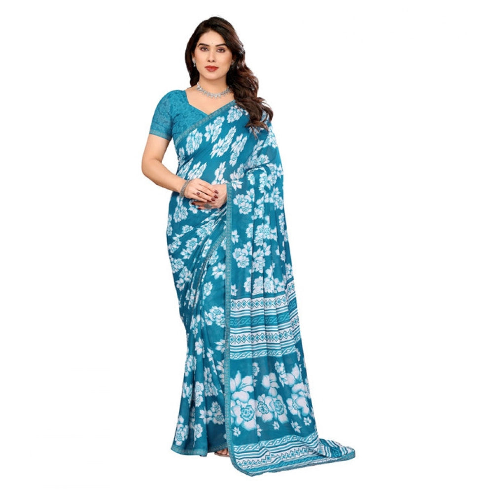 Generic Women's Georgette Printed Saree With Unstitched Blouse 5.5Mtr (Sky Blue) Main image