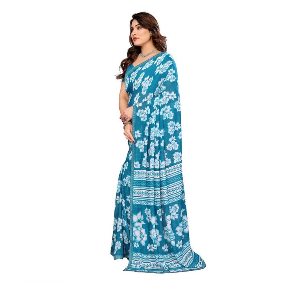 Generic Women's Georgette Printed Saree With Unstitched Blouse 5.5Mtr (Sky Blue) Secondary image