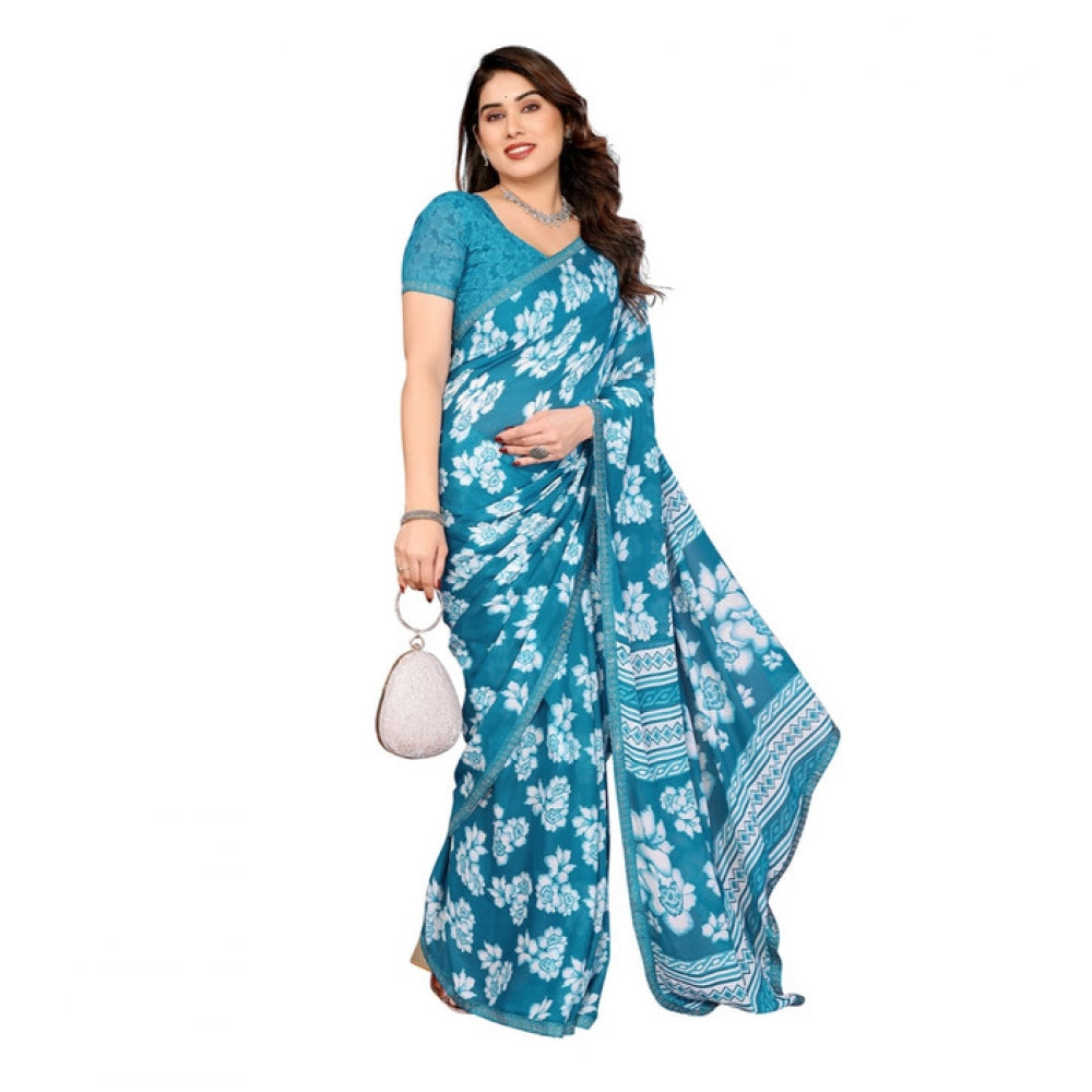 Generic Women's Georgette Printed Saree With Unstitched Blouse 5.5Mtr (Sky Blue)