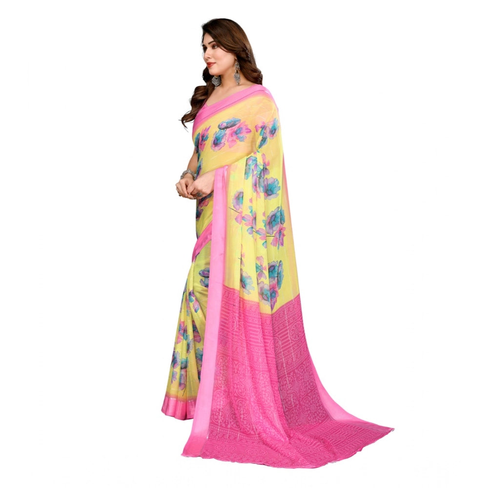 Generic Women's Georgette Printed Saree With Unstitched Blouse 5.5Mtr (Yellow) Secondary image