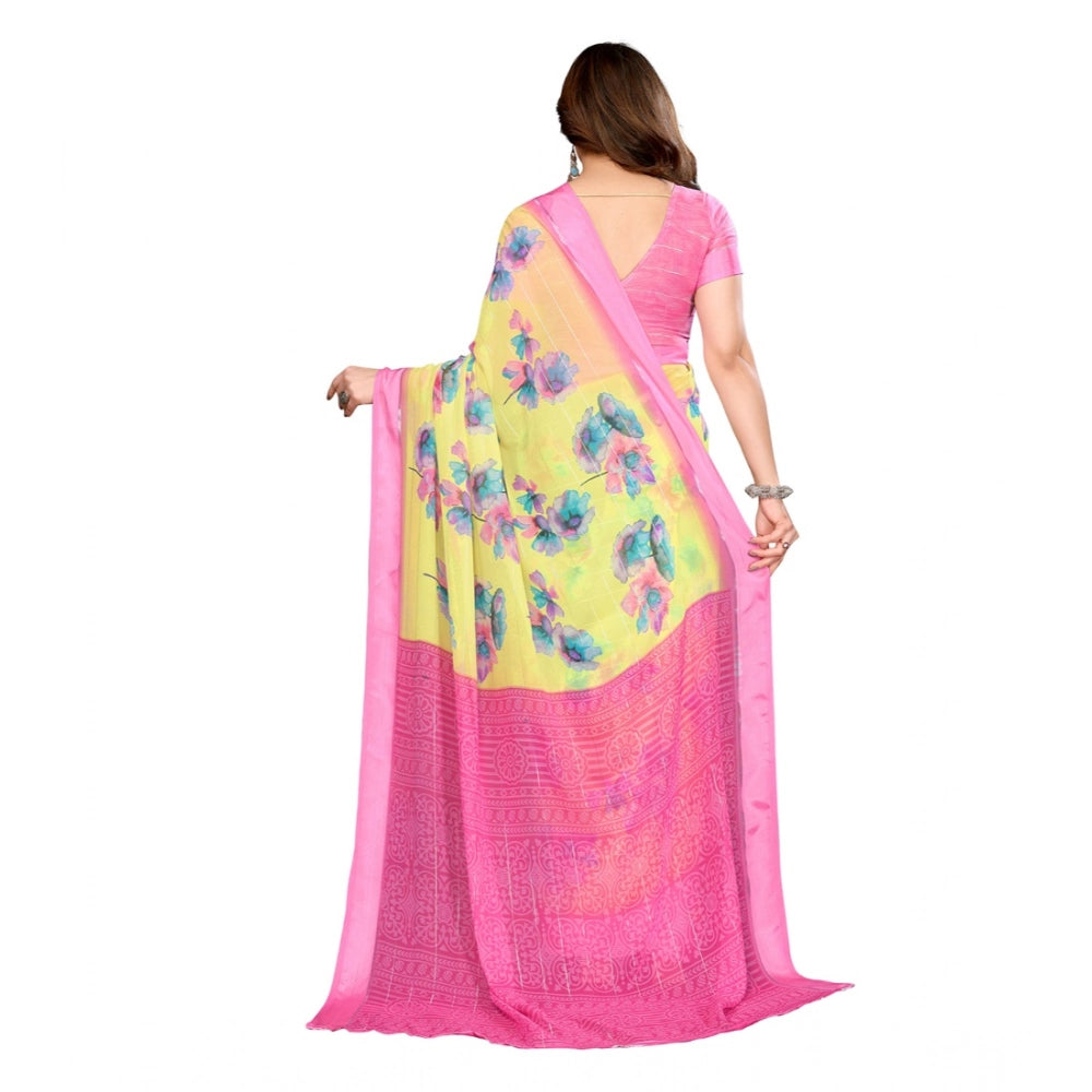 Generic Women's Georgette Printed Saree With Unstitched Blouse 5.5Mtr (Yellow)