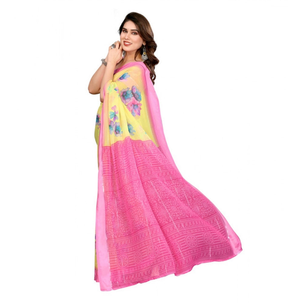 Generic Women's Georgette Printed Saree With Unstitched Blouse 5.5Mtr (Yellow)