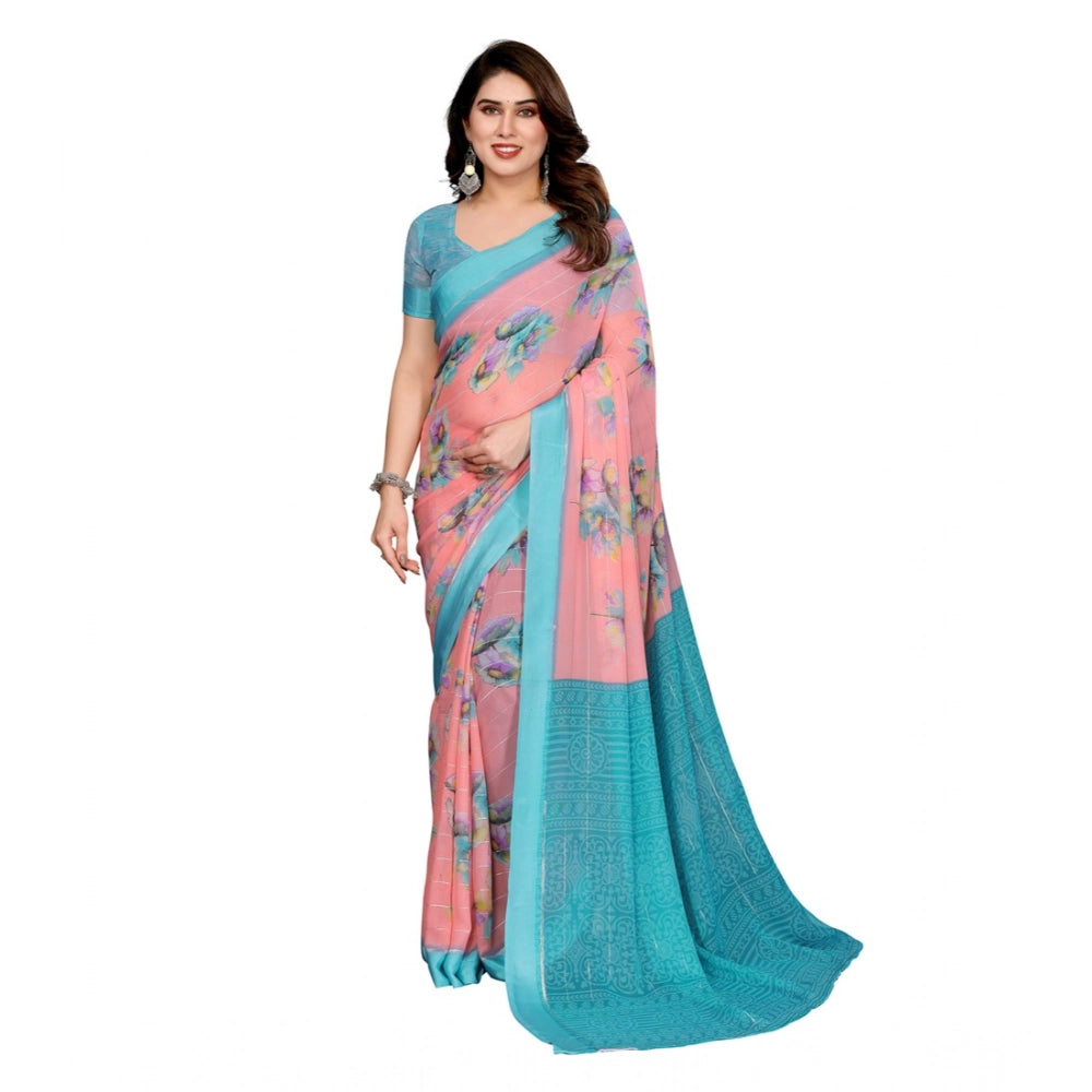 Generic Women's Georgette Printed Saree With Unstitched Blouse 5.5Mtr (Pink) Main image