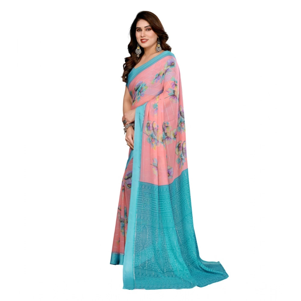 Generic Women's Georgette Printed Saree With Unstitched Blouse 5.5Mtr (Pink) Secondary image