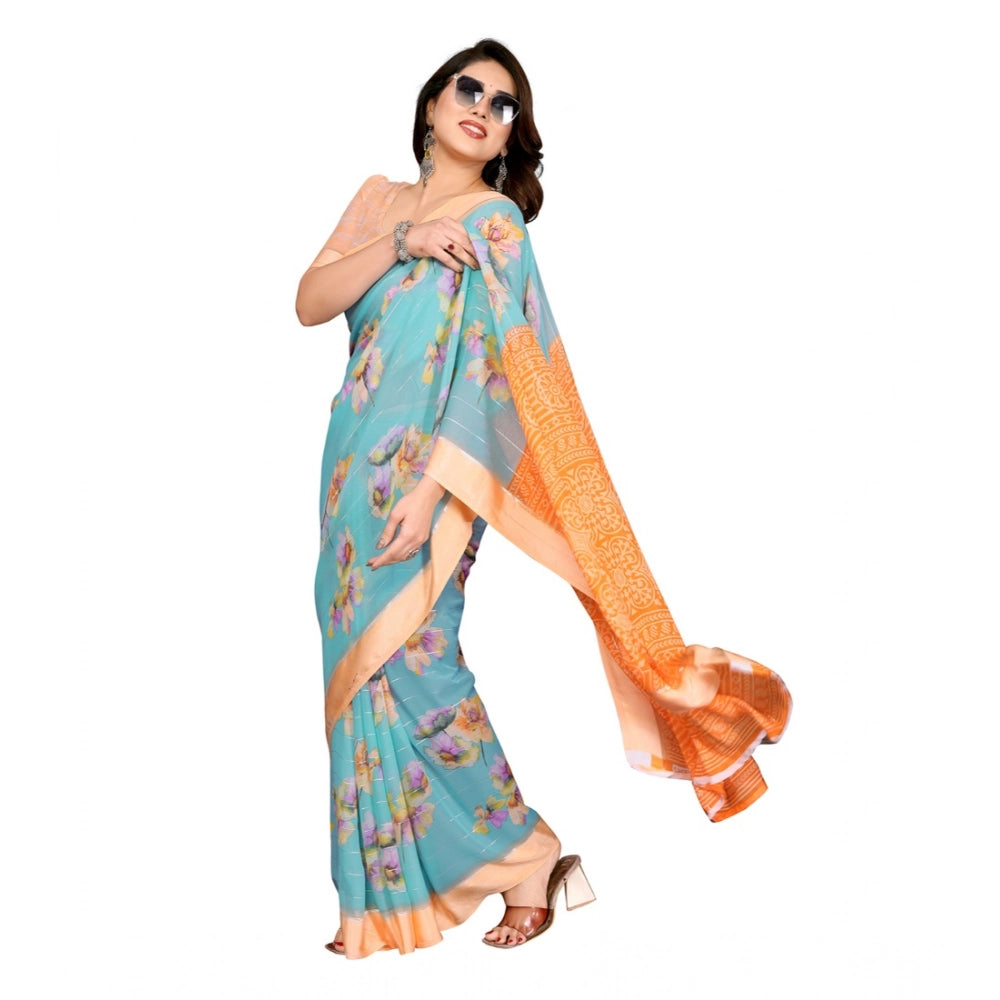 Generic Women's Georgette Printed Saree With Unstitched Blouse 5.5Mtr (Light Blue)