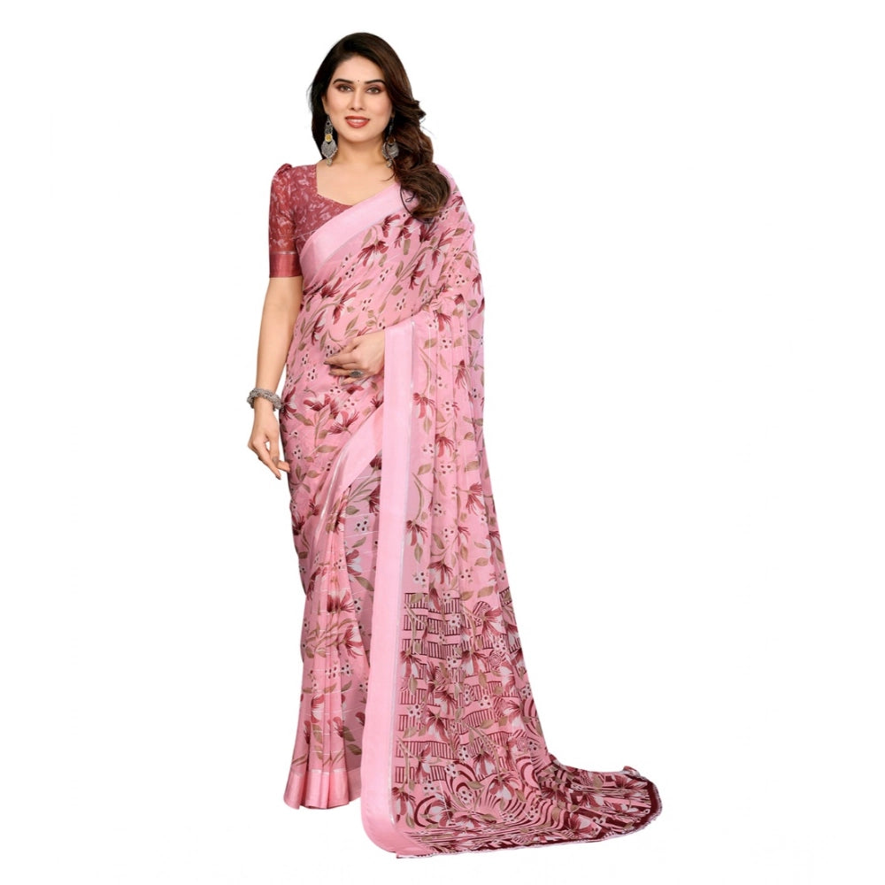 Generic Women's Georgette Printed Saree With Unstitched Blouse 5.5Mtr (Pink) Main image