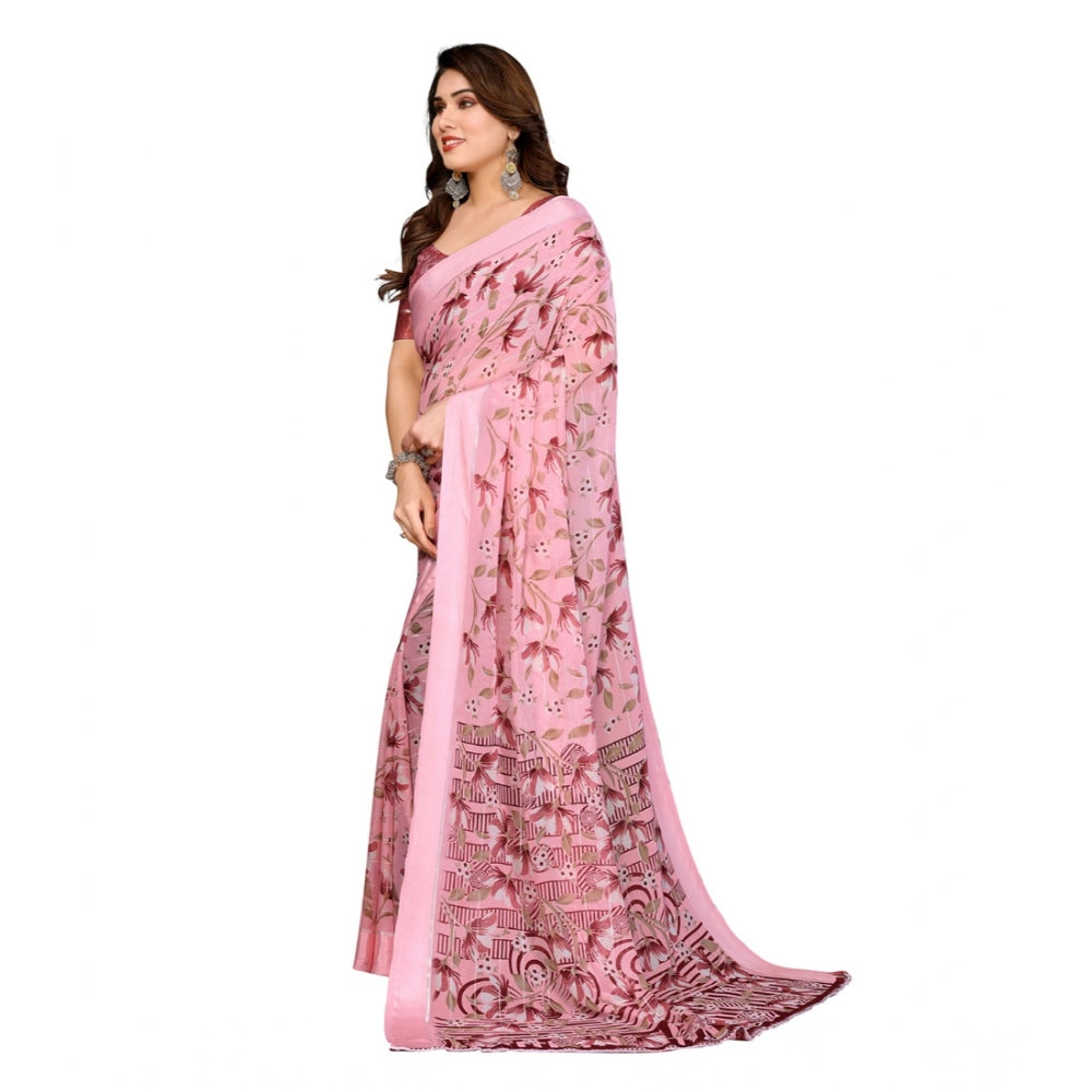 Generic Women's Georgette Printed Saree With Unstitched Blouse 5.5Mtr (Pink) Secondary image