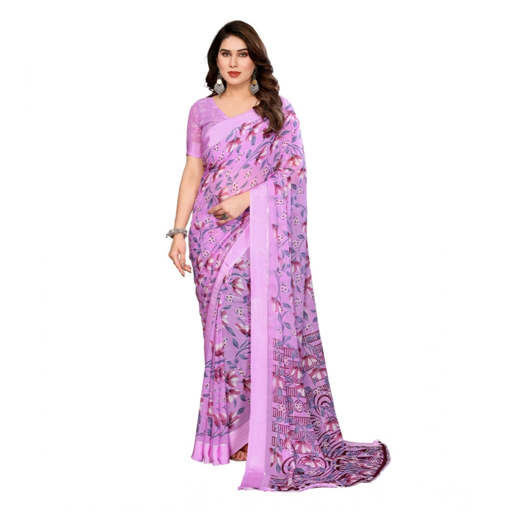 Generic Women's Georgette Printed Saree With Unstitched Blouse 5.5Mtr (Purple) Main image