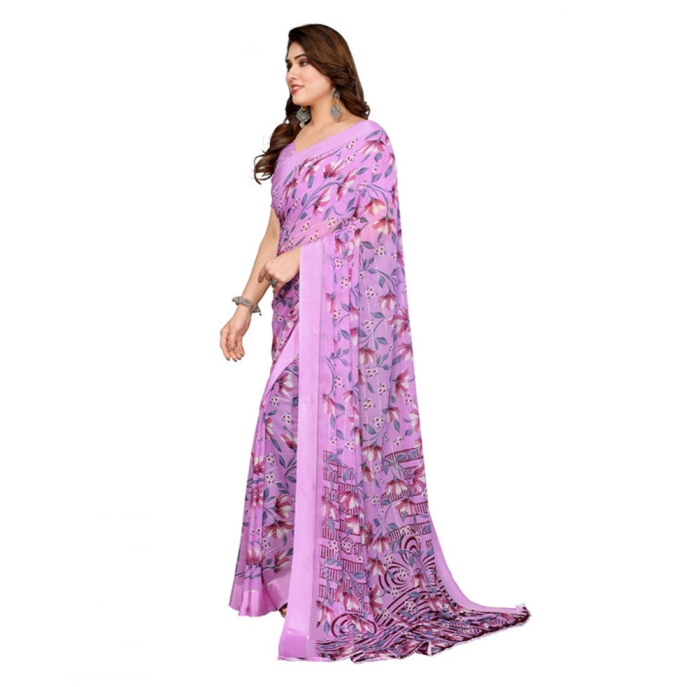 Generic Women's Georgette Printed Saree With Unstitched Blouse 5.5Mtr (Purple) Secondary image