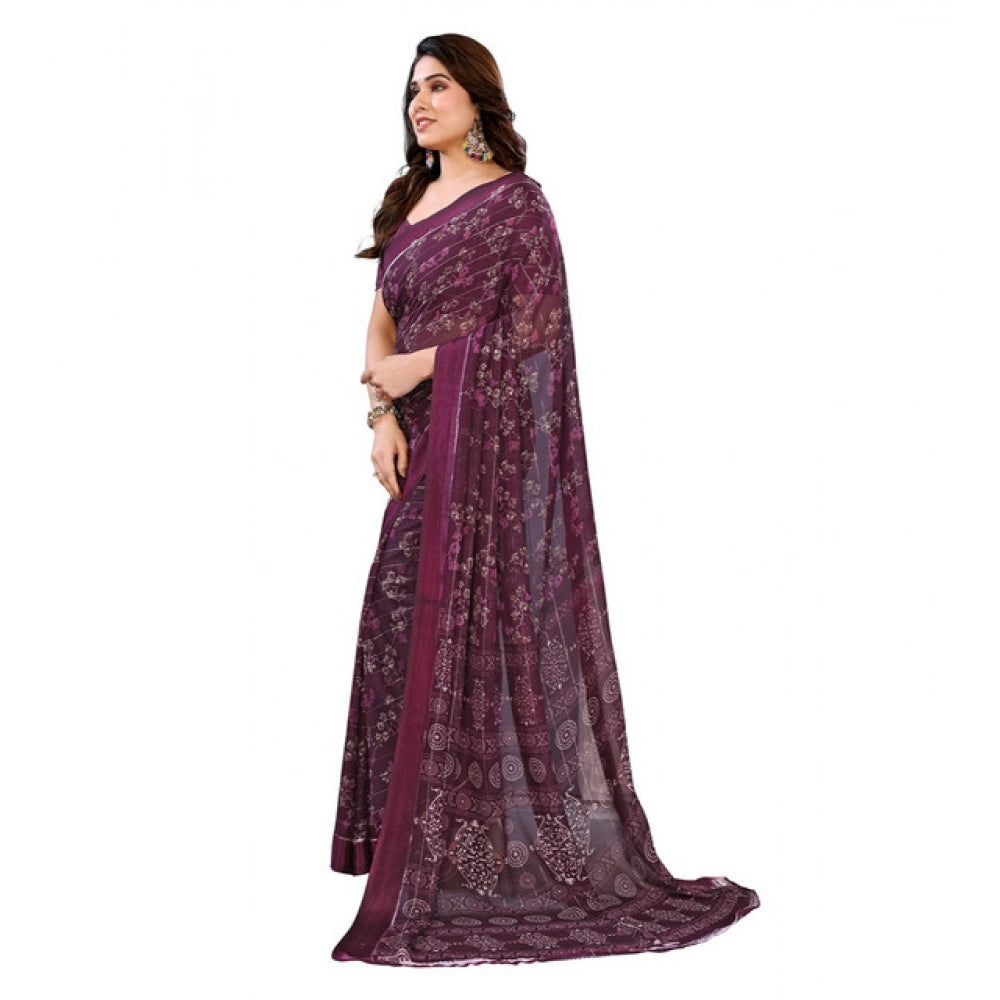 Generic Women's Georgette Printed Saree With Unstitched Blouse 5.5Mtr (Wine) Secondary image