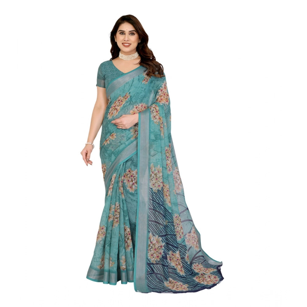 Generic Women's Georgette Printed Saree With Unstitched Blouse 5.5Mtr (Turquoise Green) Main image