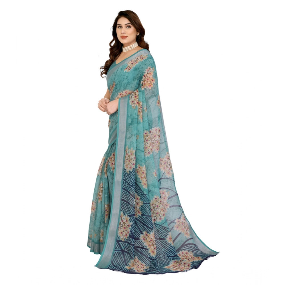 Generic Women's Georgette Printed Saree With Unstitched Blouse 5.5Mtr (Turquoise Green) Secondary image