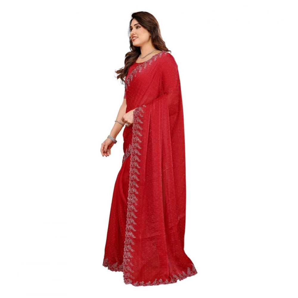 Generic Women's Georgette Printed Saree With Unstitched Blouse 5.5Mtr (Red) Secondary image