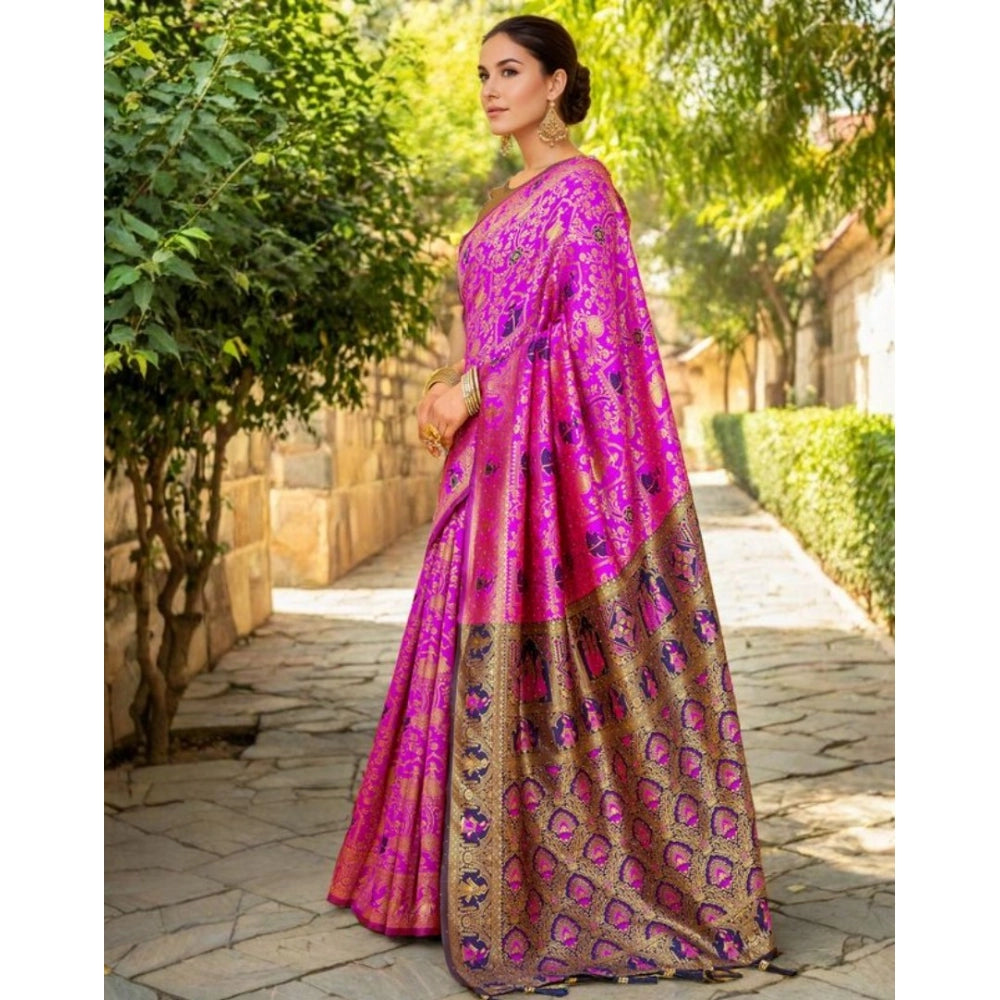 Generic Women's Silk Blend Woven Paithani Saree With Unstitched Blouse 5.5Mtr (Pink)