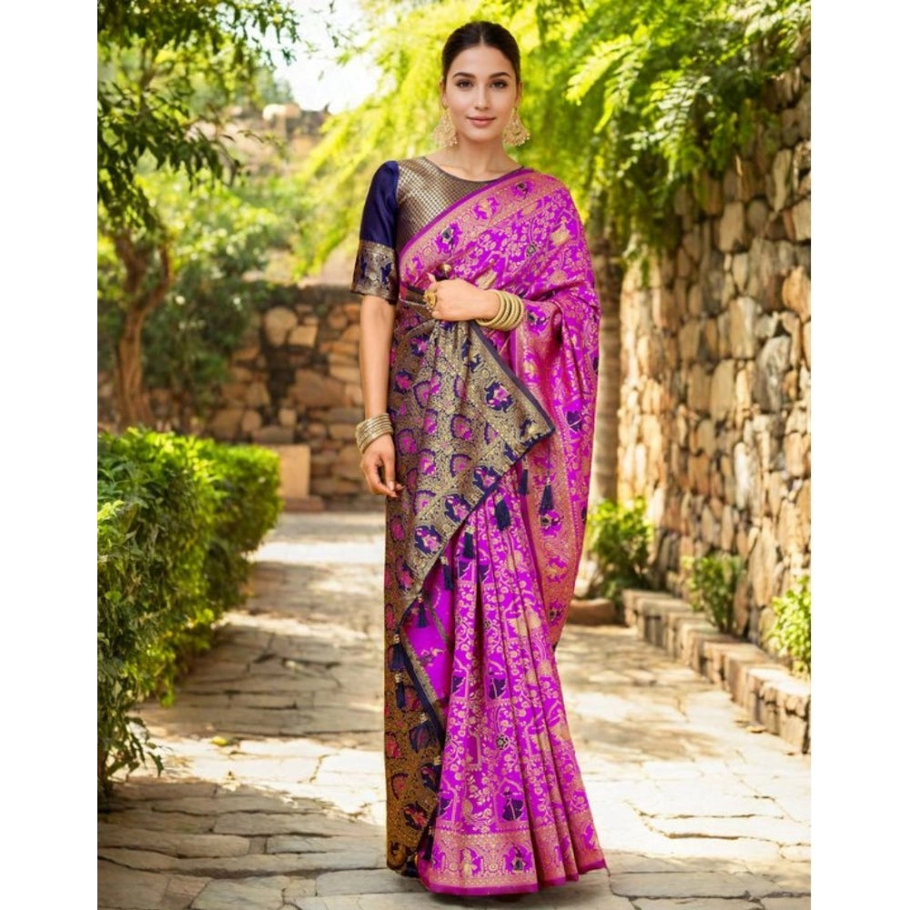 Generic Women's Silk Blend Woven Paithani Saree With Unstitched Blouse 5.5Mtr (Pink)