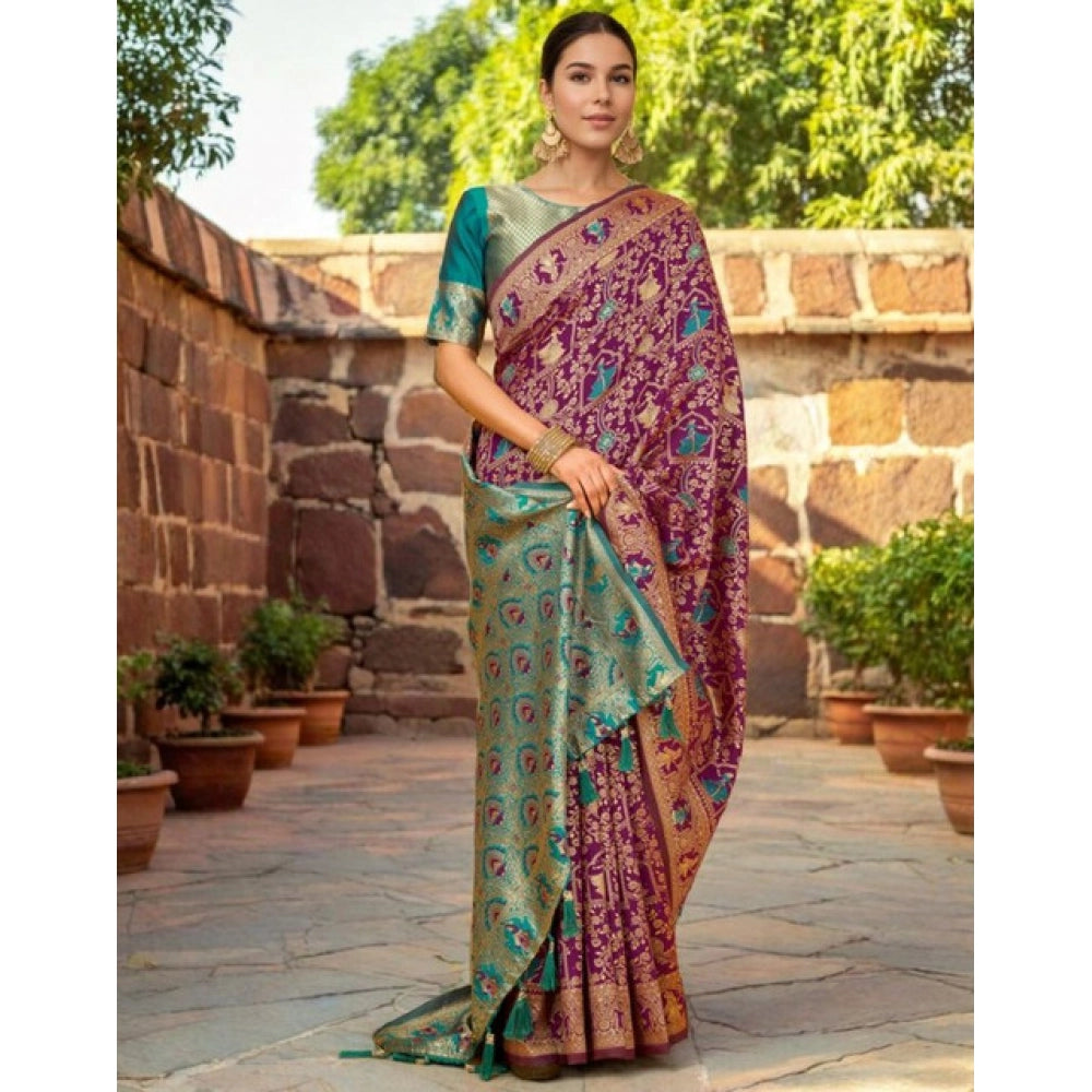 Generic Women's Silk Blend Woven Paithani Saree With Unstitched Blouse 5.5Mtr (Purple)