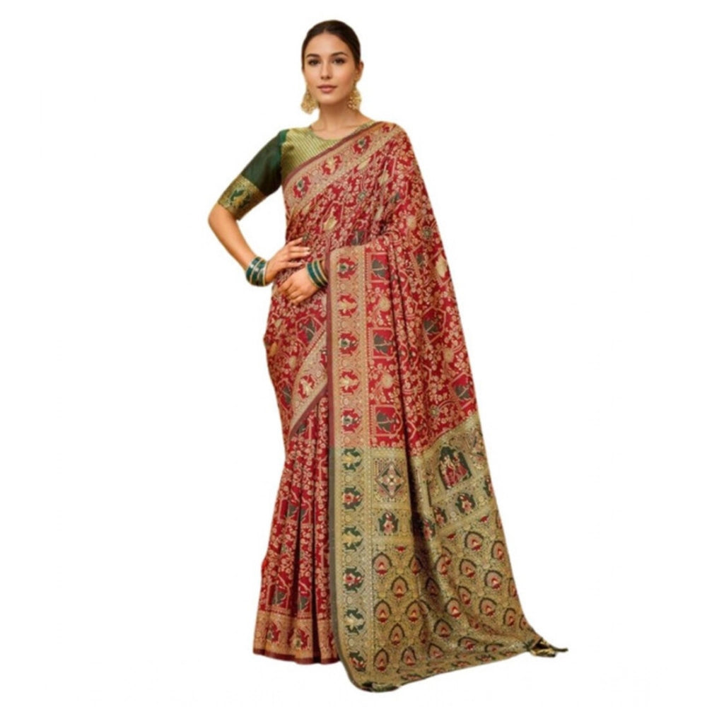 Generic Women's Silk Blend Woven Paithani Saree With Unstitched Blouse 5.5Mtr (Red) Main image