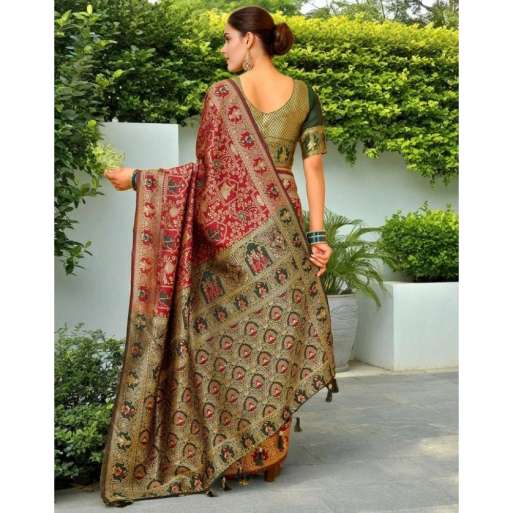 Generic Women's Silk Blend Woven Paithani Saree With Unstitched Blouse 5.5Mtr (Red)