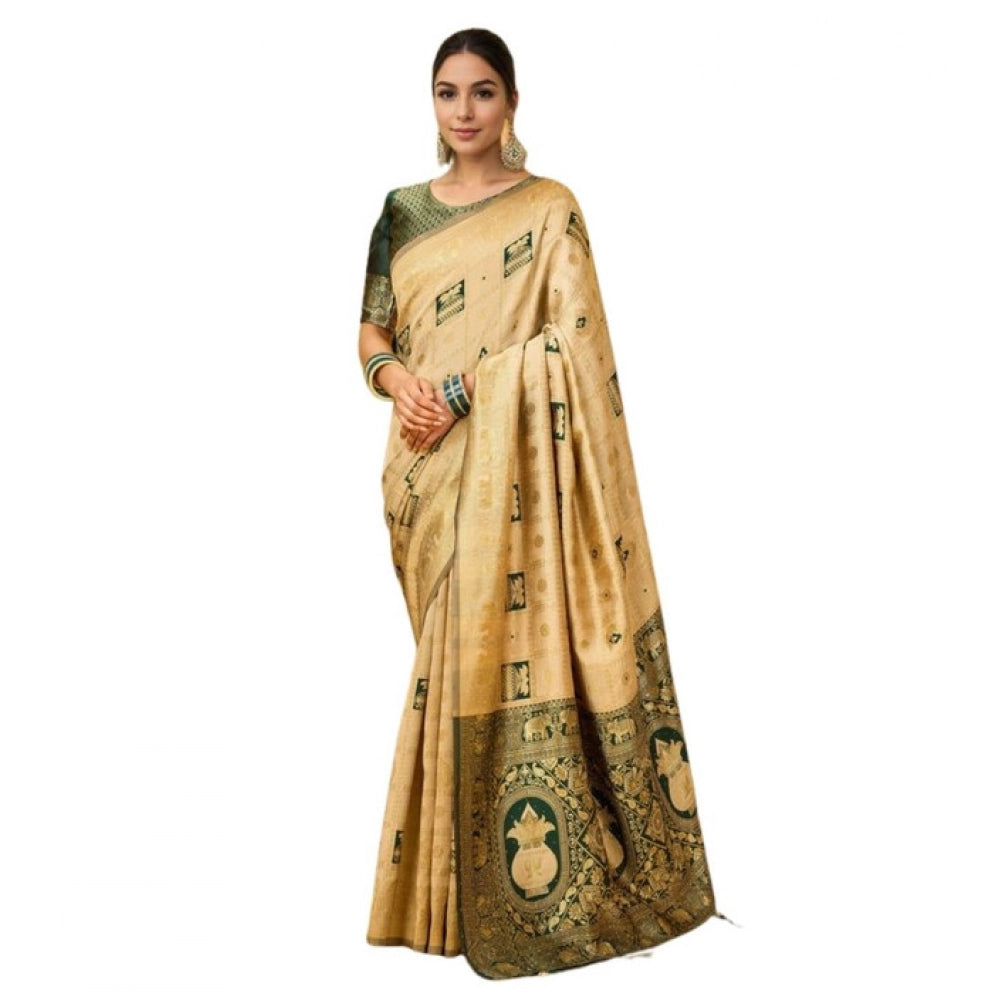 Generic Women's Silk Blend Woven Zari Work Saree With Unstitched Blouse 5.5Mtr (Cream) Main image