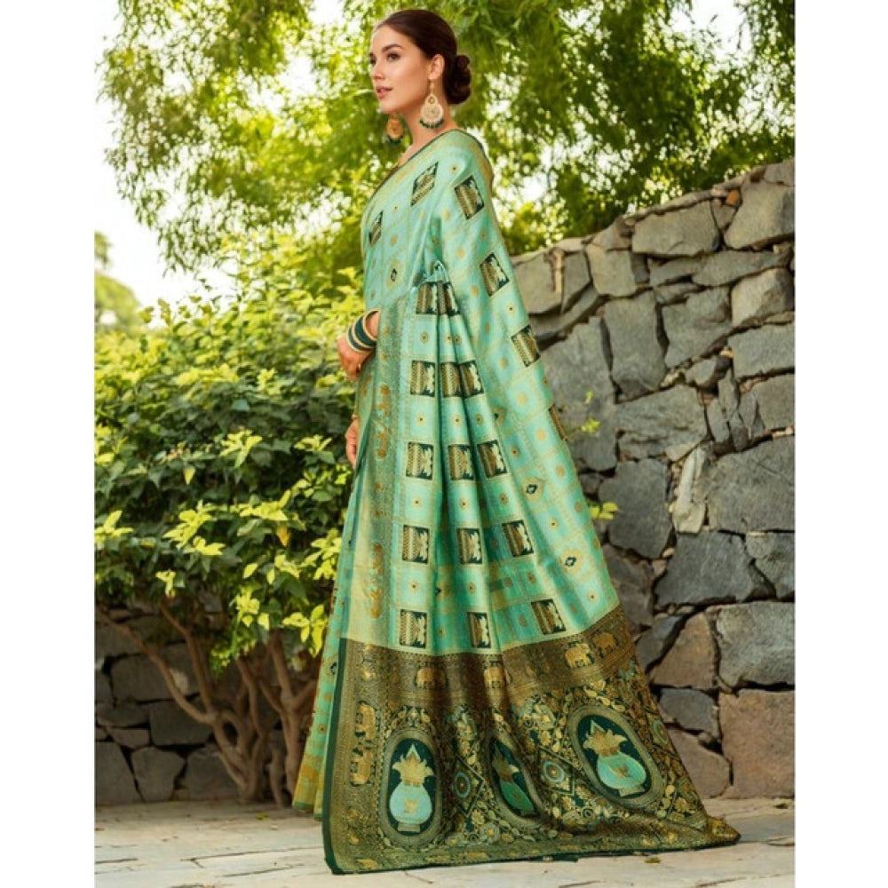 Generic Women's Silk Blend Woven Zari Work Saree With Unstitched Blouse 5.5Mtr (Mint Green) Secondary image